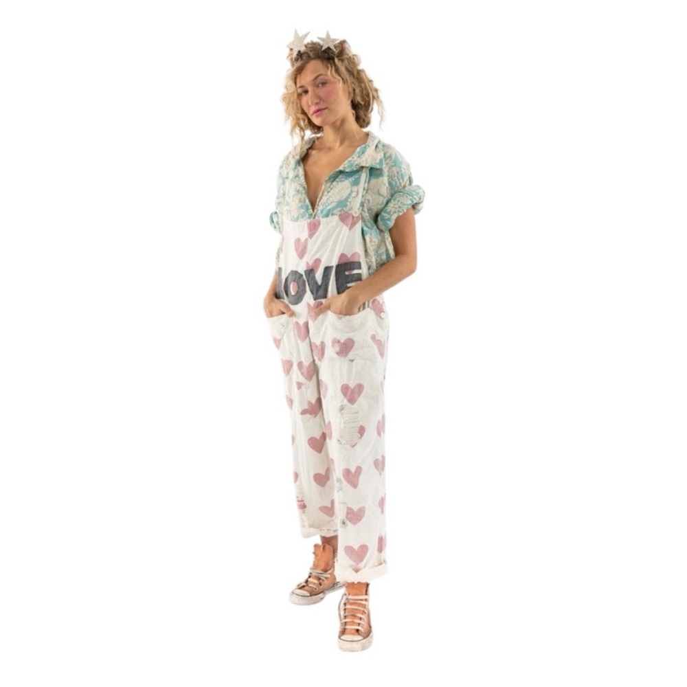 Magnolia Pearl Ivory with Pink Hearts Jumpsuit Overalls. RARE - RETIRED
